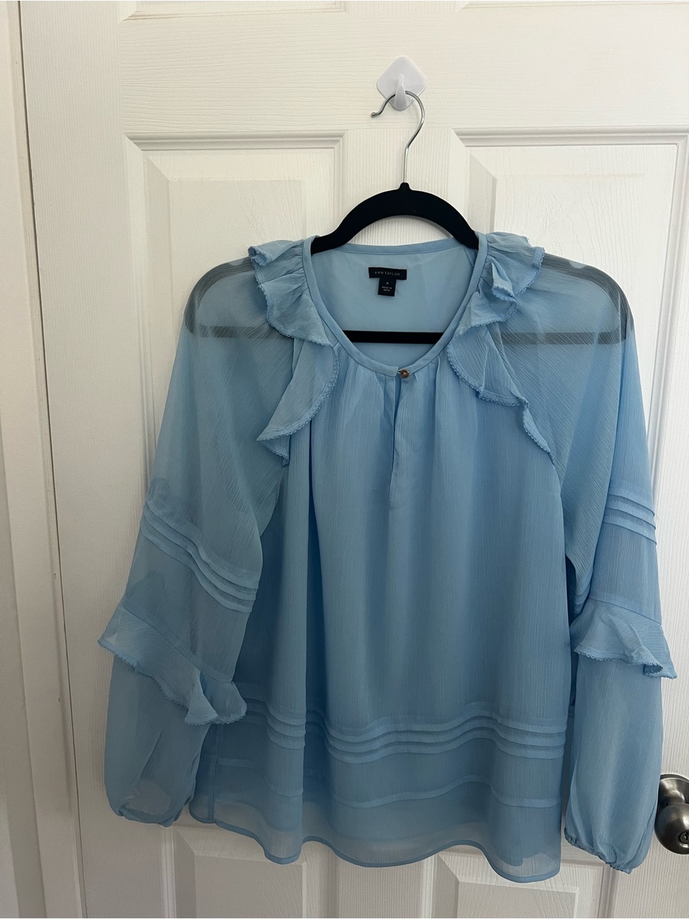 Ann Taylor Light Blue Ruffle Neck Sheer Blouse